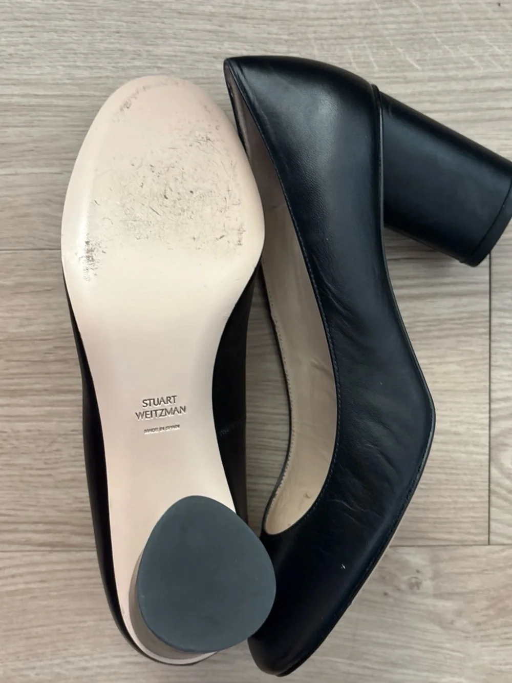 Stuart Weitzman Black Leather Round-Toe Block Heel Pumps